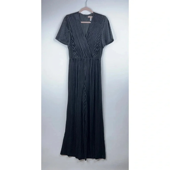 Anthropologie Pants - Hutch Black Velvet Stripe Jumpsuit Anthropologie Wide Leg Short Sleeve Size 4